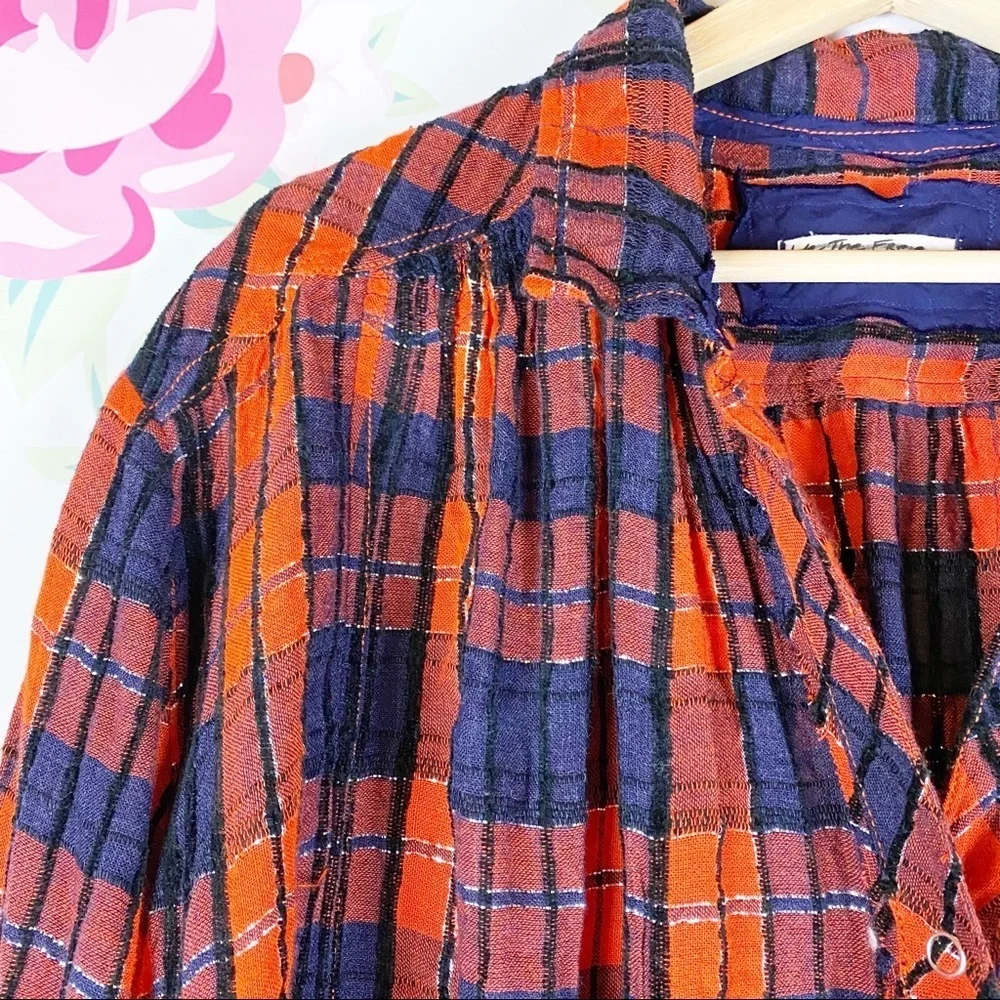 NEW Free People Orange Lela Plaid Oversized Metallic Tunic Top XS